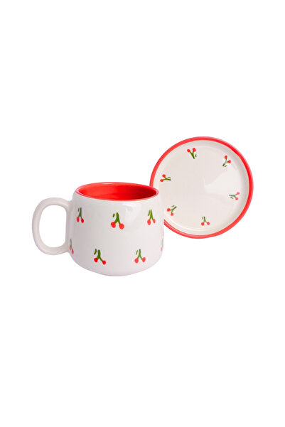 Gezdikçe Bilelim Double Ceramic Handmade Mug with White Cherry Patterned Plat...