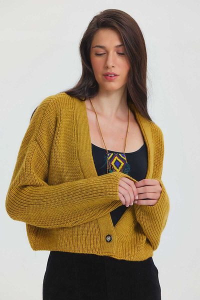 Clandestino Cardigan crop boem galben - detaliu cu nasturi și tricot simplu