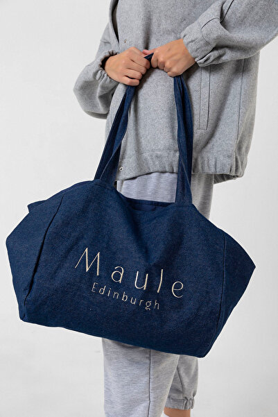 Maule Mavi Nakış Detaylı Ortaboy %100 Pamuk Indigo Kadın Omuz Çantası Tote Bag