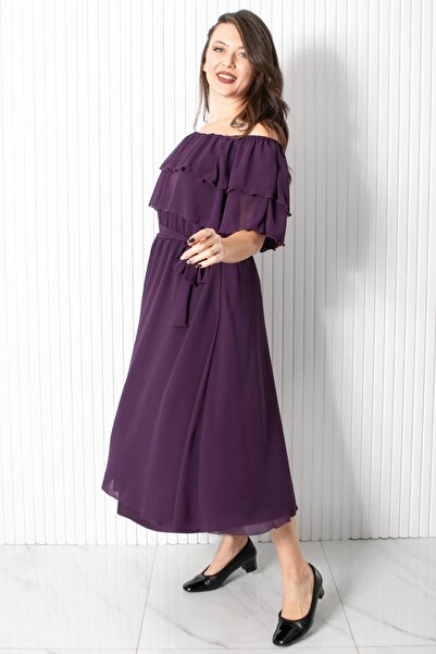 SUBU TASARIM Purple Chiffon Karmen Collar Evening Dress - Tbs918