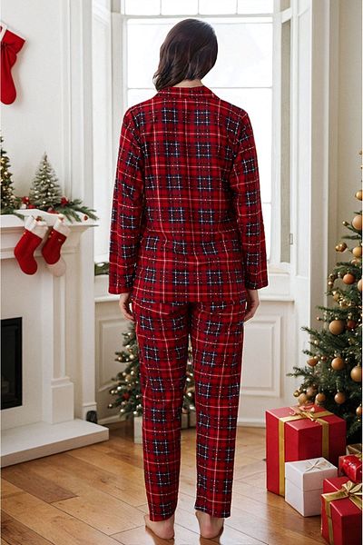 Burcumay Women's Plaid Patterned Winter Buttoned Suede New Year Themed Christmas Pajamas Set