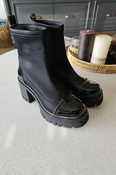 TOPUKLA 022 2416 Topukla Kadın Steç Dalgıç Kumaş Hakiki Deri 6 cm Platform Topuklu Bot