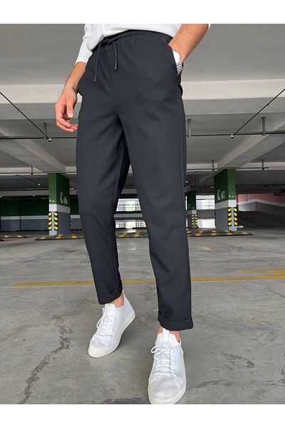 moda biz Pantaloni de jogger pentru bărbați, negri, cu șireturi, cu talie elastică, slim fit, cu buzunare
