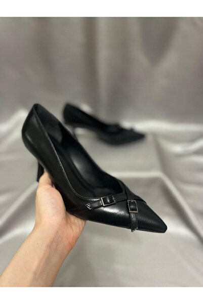 shoezy Retro Siyah Deri Topuklu Ayakkabı