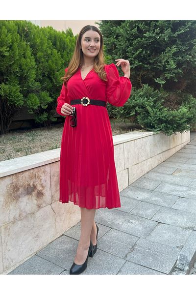 Moka Shopin Mokashopin Women's Chiffon Fabric Lined Flared Cut Double Breasted Collar Midi Length Dress