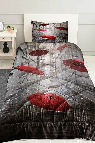 Else Halı Single Red Umbrellas Patterned Quilted Quilt Pillow