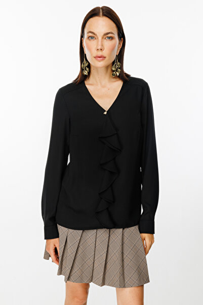 Ekol V Yaka Önü Fırfırlı Bluz