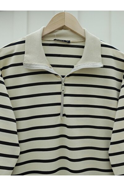 Modamorfo Half-Neck Collar Zippered Striped Tunic -Black