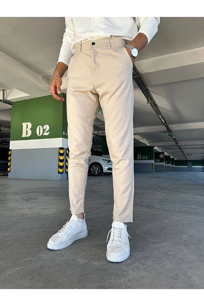 moda biz Ανδρικό υφασμάτινο παντελόνι κρέμας με λεπτή εφαρμογή ιταλικής κοπής ελαστικό Lycra ποιότητας μέχρι τον αστράγαλο