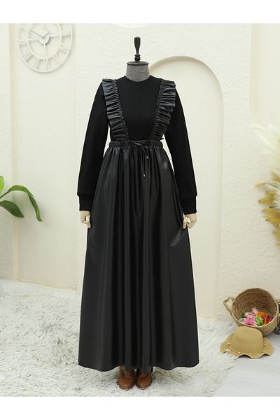 Modamorfo Schwarzes Strick-Lederkleid – Rüschen oben