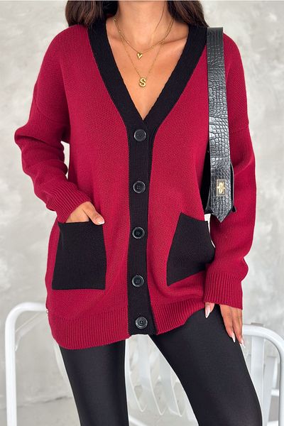 FEMELLE Cardigan de damă, roșu Claret, mărime standard, cu buzunar negru, cu nasturi, tricotaj supradimensionat