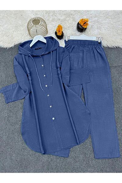 Modamorfo Metal Buttoned Hooded Trousers Double Set - Indigo
