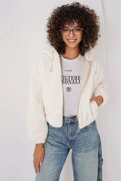 hazelin Εκρού βελούδινο Crop Jacket - Φερμουάρ και κουκούλα, με επένδυση HZL25W-BD 151931