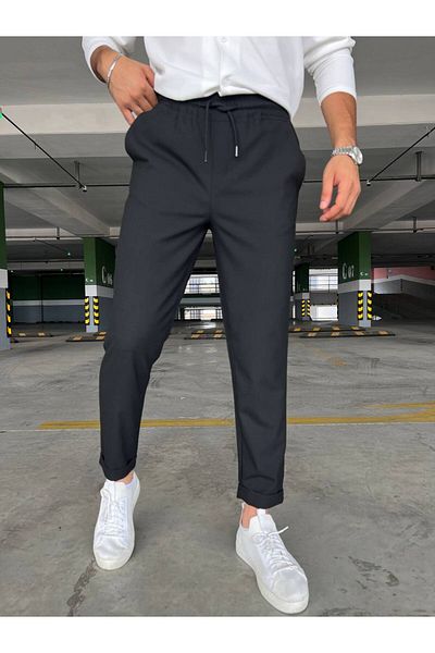 moda biz Pantaloni de jogger pentru bărbați, negri, cu șireturi, cu talie elastică, slim fit, cu buzunare