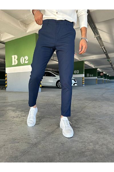 moda biz Men's Navy Blue Slim Fit Italian Cut Stretchy Lycra Quality Ankle Length Fabric Trousers