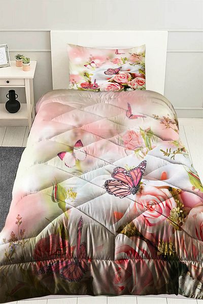 Else Halı Pink Roses Flowers Patterned Single Quilted Quilt with Pillowcase