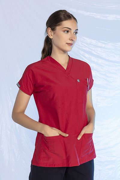 Pratik Medikal Single Top Red Lycra Bat Sleeve Nurse Jersey