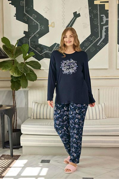 Aydoğan Navy Blue Bloom Plus Size Women's Pajama Set - 0650