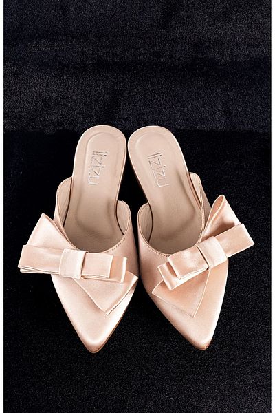 Lizizu Γυναικείες παντόφλες Nude Satin - Γνήσιο δέρμα, Μεγάλο Φιόγκο, Μυτερή Μύτη