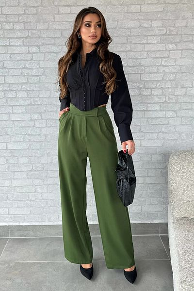 GÜLSELİ Green Women's High Waist Velcro Wide Leg Palazzo Trousers