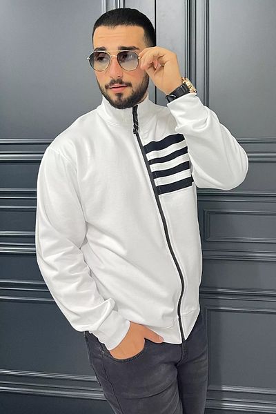 MİSHAR İTALİA Hanorac alb pentru bărbați, cu guler ridicat, cu fermoar