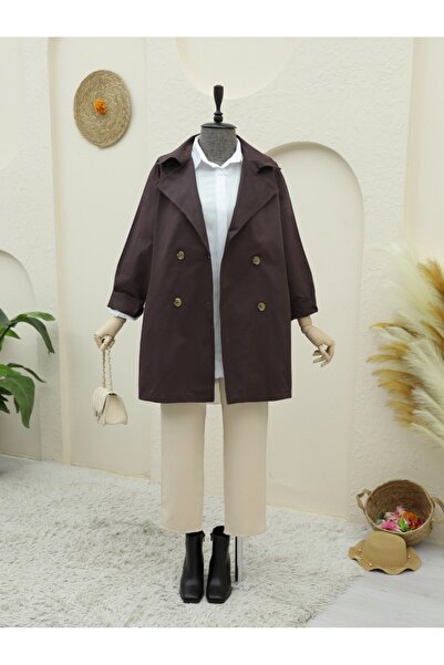 Modamorfo Bolero Detaylı Düğmeli Ara Boy Trençkot -mürdüm