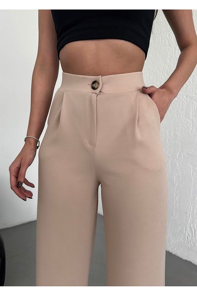 RuyaMood Women's Beige High Waist Button Closure Lycra Pleated Palazzo Knitted Trousers