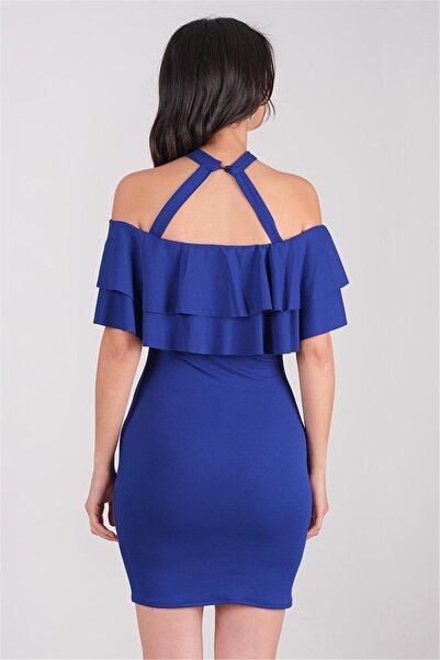 Spazio Leimı Boyundan Bağlı Fırfırlı Kısa Abiye Elbise