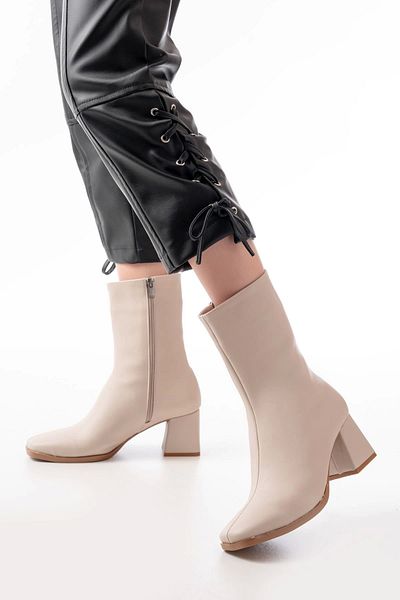 Evla Shoes Γυναικείες μπότες μπεζ με τακούνι με φερμουάρ