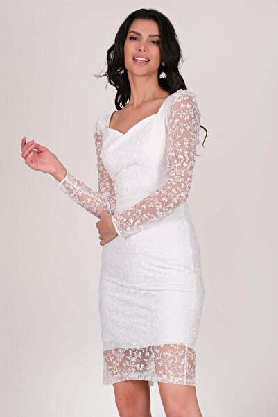 Spazio Mirocleto Kalp Yaka Tül Kısa Abiye Elbise BEYAZ