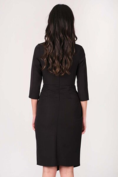 Spazio Cannata Pileli V Yaka Kısa Abiye Elbise Siyah