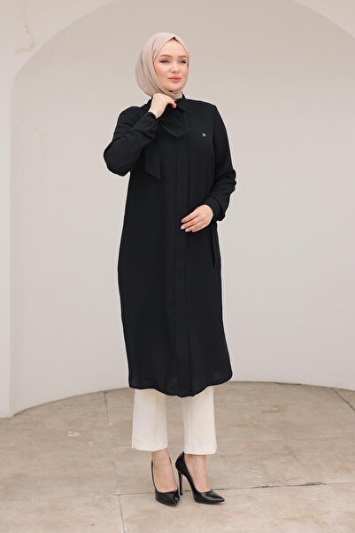 Armine TREND Gizli Düğmeli Gömlek Yakalı Tunik Siyah 24KT472