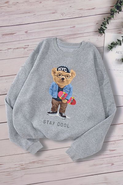 MYADA Суитшърт с щампа на мече Stay Cool 16060