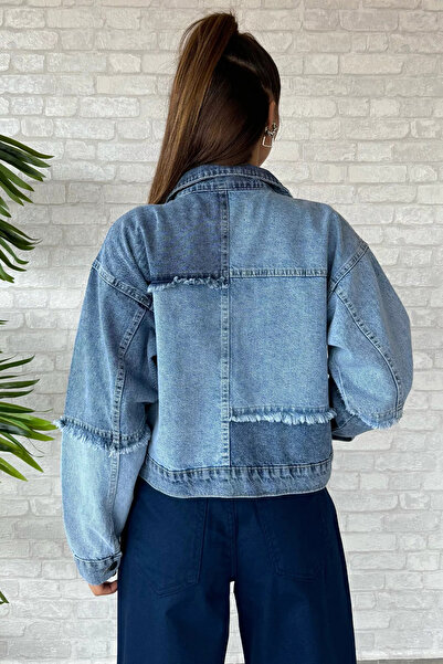 GÜLSELİ Blue Double Pocket Tassel Detailed Women's Jean Jeans Jacket