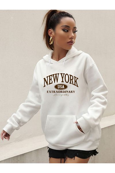 DEEPSENCE Λευκό Oversize Γυναικείο Φούτερ με κουκούλα - NEWYORK Printed