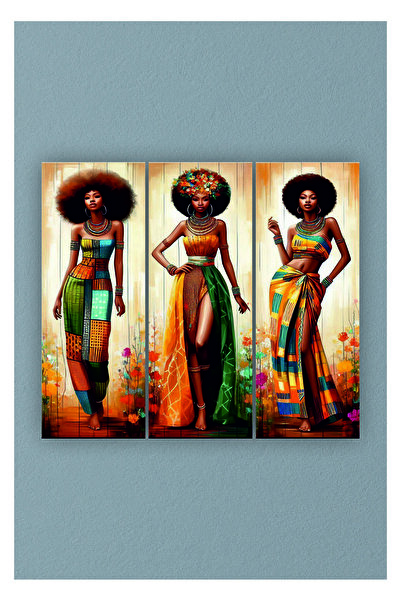 UNT MDF Uv Baskı  Renkli Afrikalı Kadınlar 3 lü Tablo Seti