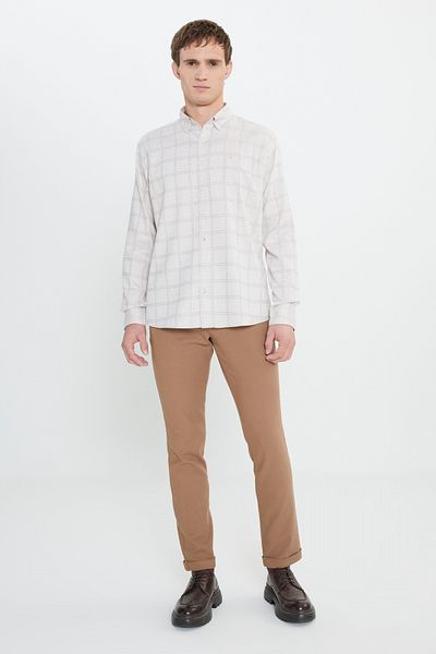 ALTINYILDIZ CLASSICS Πουκάμισο Oxford Regular Fit Relaxed Fit με κρυφό γιακά με κουμπιά καρό ΜΠΕΖ ΑΝΟΙΧΤΟ ΚΑΦΕ