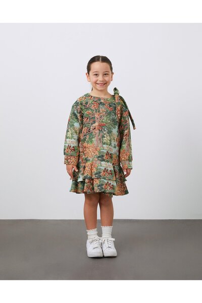 Manimani Volanlı Jakarlı Kız Çocuk Elbise