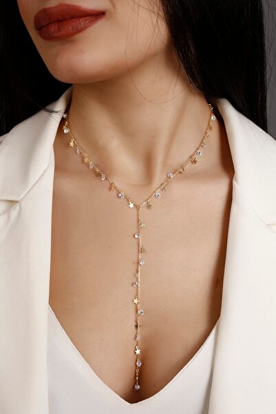 SARIASLAN 925 Ayar Zirkon Taşlı Yıldız Y Gümüş Kolye 14 Ayar Altın Suyu