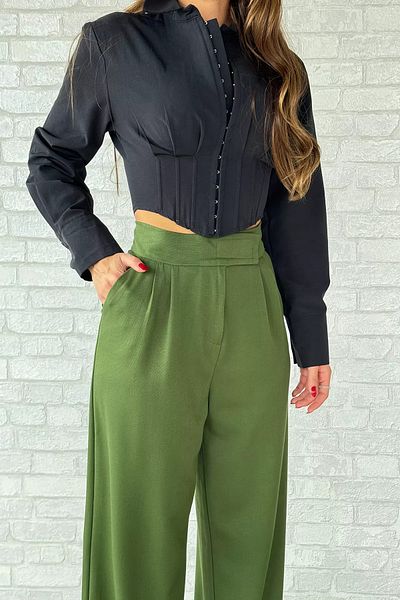 GÜLSELİ Green Women's High Waist Velcro Wide Leg Palazzo Trousers