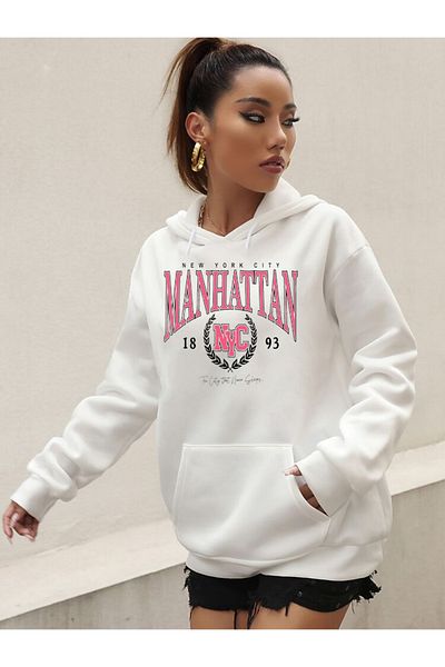 DEEPSENCE Λευκό Oversize Γυναικείο Φούτερ με κουκούλα - Manhattan Printed