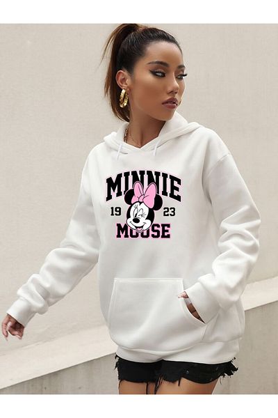 DEEPSENCE Λευκό Oversize Γυναικείο Φούτερ με κουκούλα - MINNIE Printed