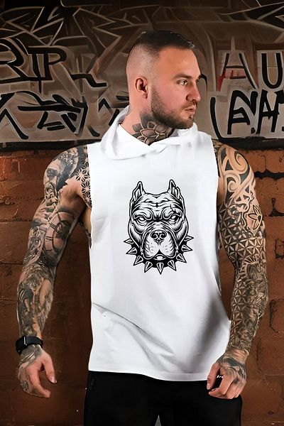 BESSA Ανδρικό Pitbull Printed White Oversize Crew Neck Βαμβακερή κουκούλα Αμάνικο αθλητικό εσώρουχο/μπλουζάκι