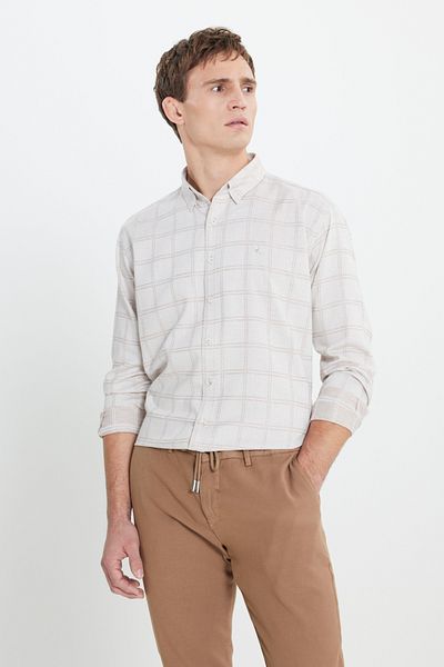 ALTINYILDIZ CLASSICS Πουκάμισο Oxford Regular Fit Relaxed Fit με κρυφό γιακά με κουμπιά καρό ΜΠΕΖ ΑΝΟΙΧΤΟ ΚΑΦΕ