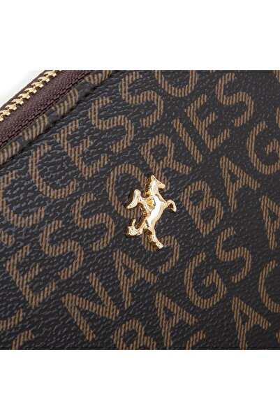 Nas Bag Large Size Single Zipper Women's Wallet - Brown with Text