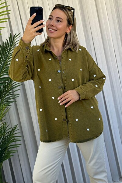 Kubos Moda Oversize White Heart Khaki Denim Gabardine Shirt Jacket