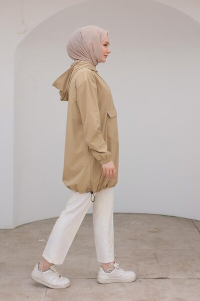 Armine TREND Kapüşonlu Yarım Fermuarlı Kolları Lastikli Tunik Bej 24KT402