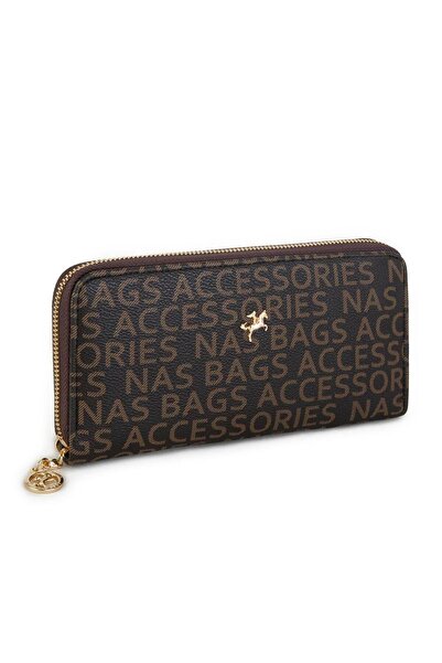Nas Bag Large Size Single Zipper Women's Wallet - Brown with Text