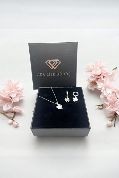 ADA LİFE GÜMÜŞ 925 Ayar Gümüş Zirkon Taşlı Yonca 2 Li Set Kolye Küpe (ÖZEL KU...