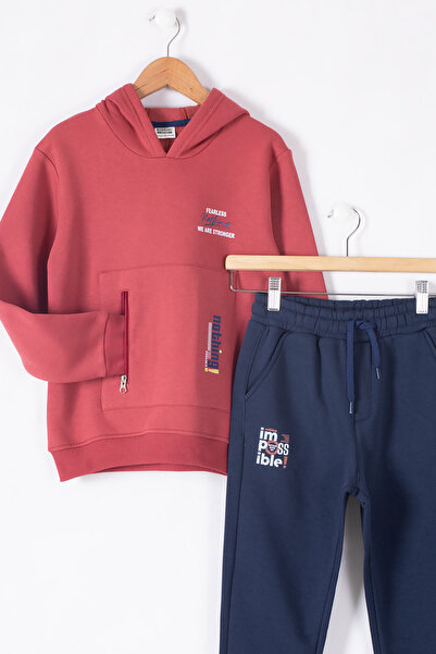 Cansın Mini Claret Red Zipper Pocket Hooded Hooded Boys' Tracksuit Set 19600